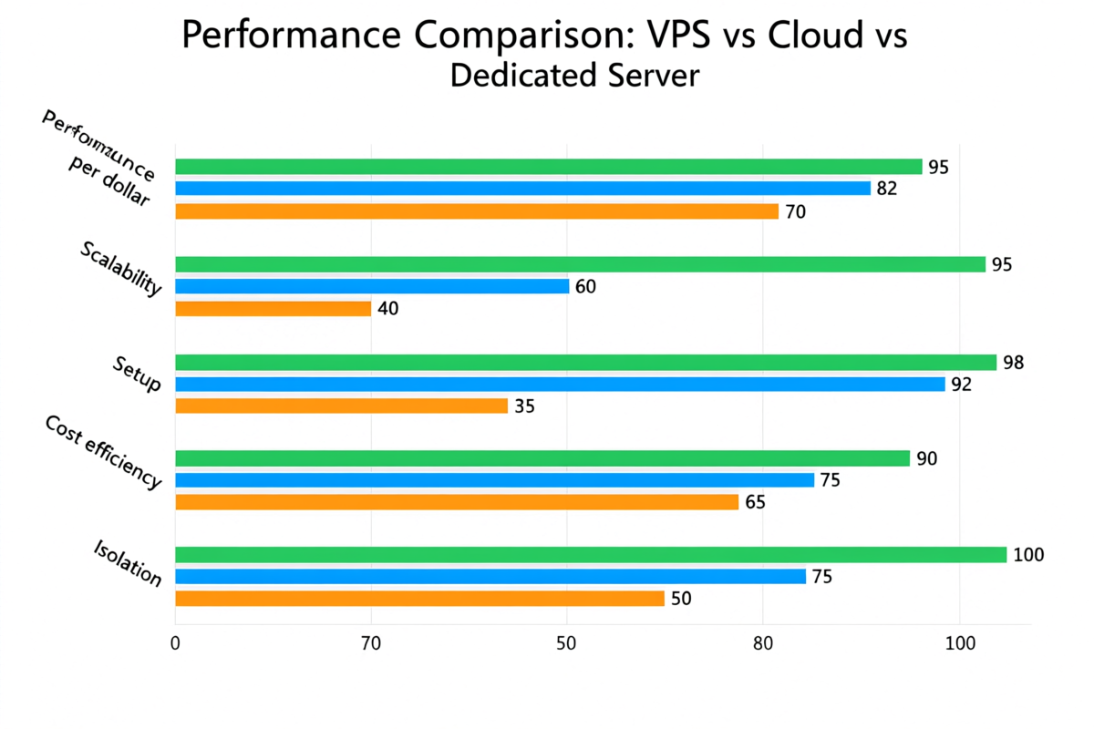 Performance comparison chart showing VPS vs Cloud vs Dedicated Server across metrics: cost efficiency, scalability, performance per dollar, isolation, setup speed